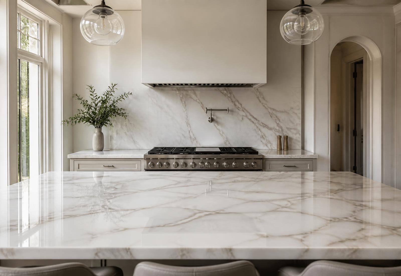 Kitchen after cleaning: clear, polished marble counters