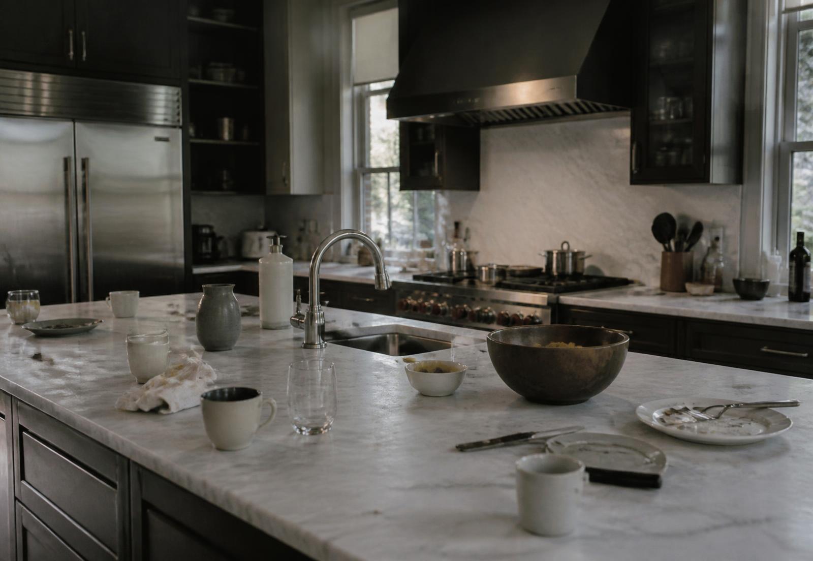 Kitchen before cleaning: cluttered counters and dishes