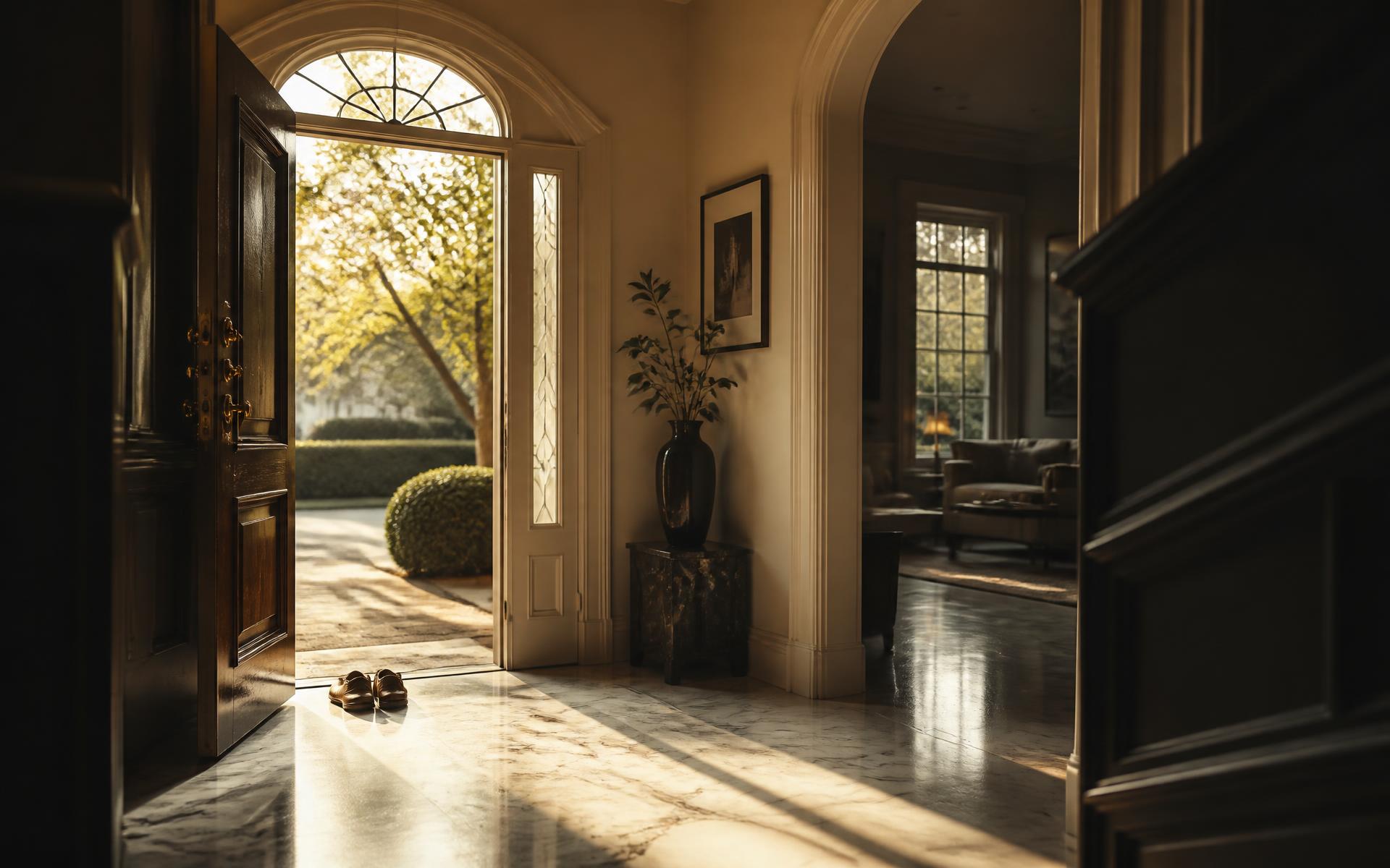 Sunlit entry hall with an open front door and spotless marble floor