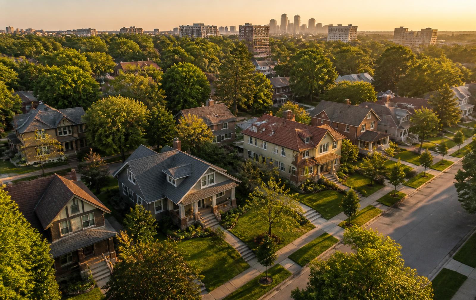 Aerial view of a tree-lined Kansas City residential neighborhood at golden hour