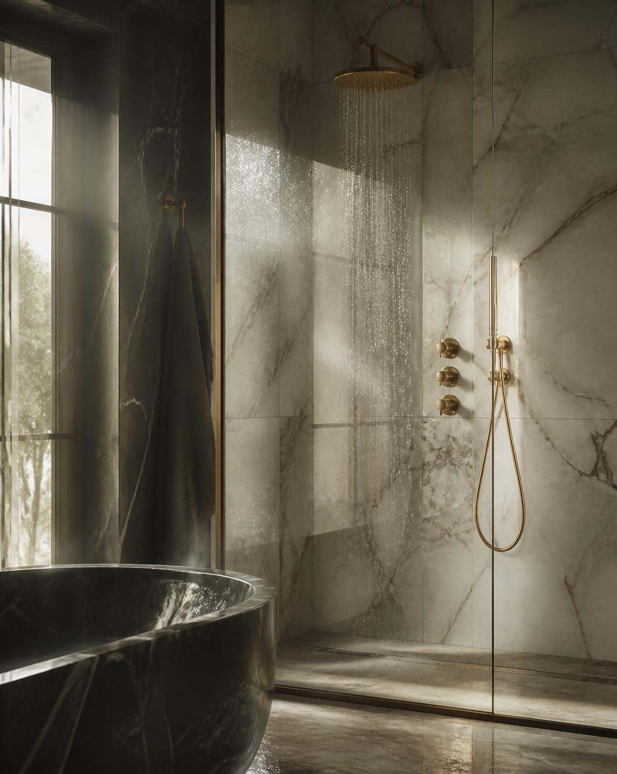 A polished marble shower with red fixtures