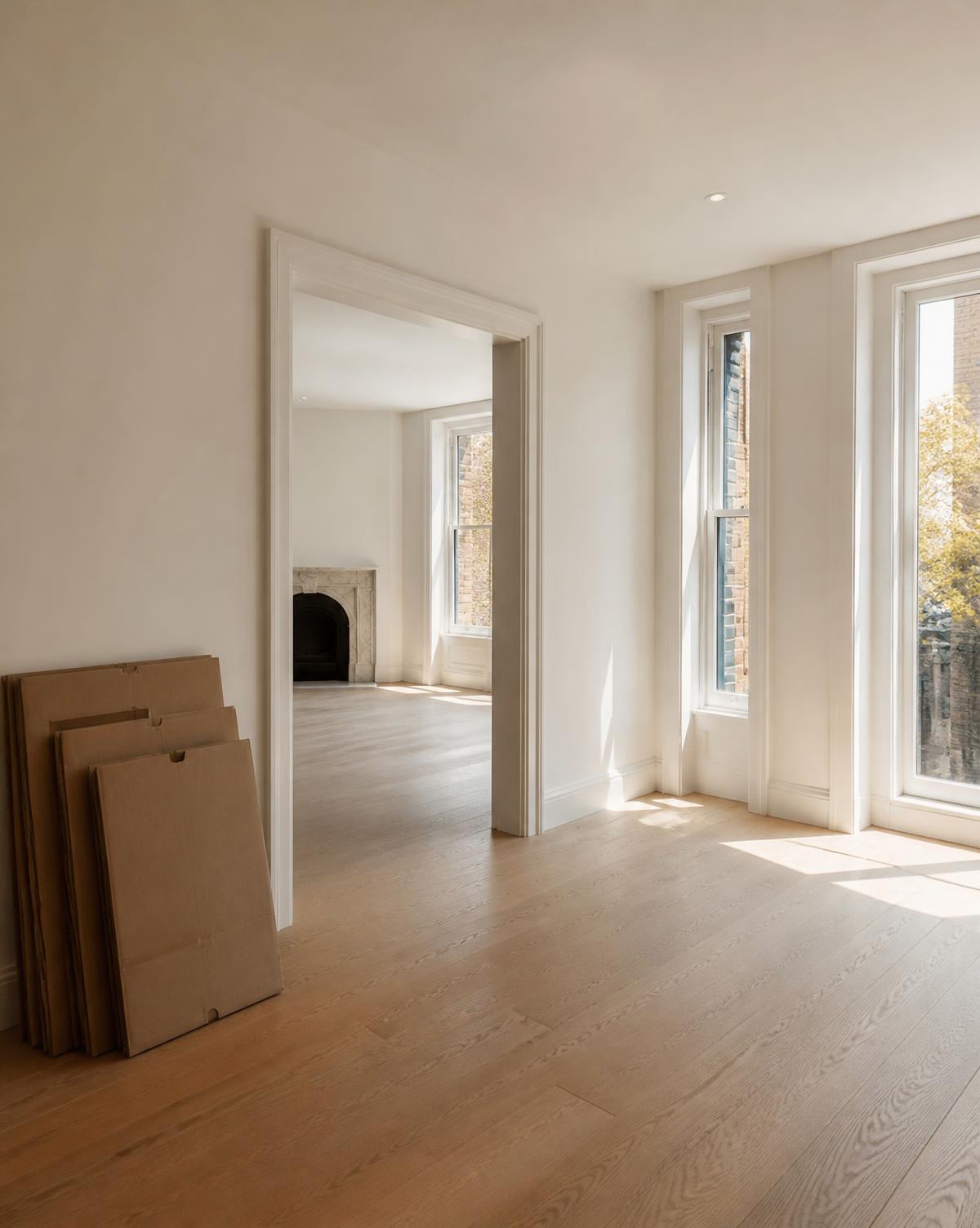 An empty sunlit apartment with bare oak floors