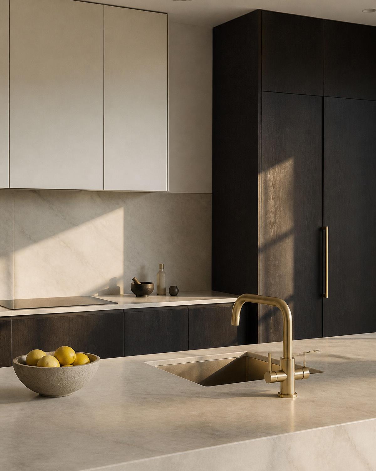 A spotless minimalist kitchen with marble counters