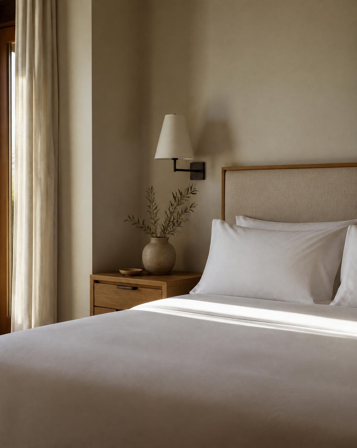 A freshly made bed with crisp white linens